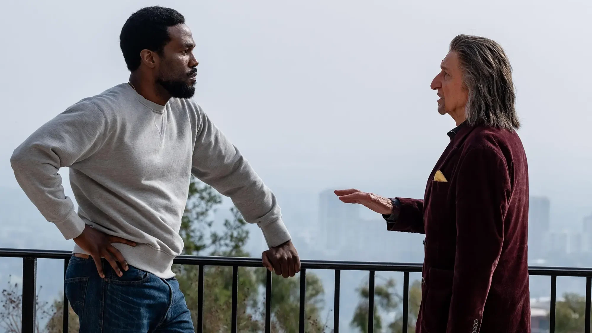 Yahya Abdul-Mateen II talking to Ben Kingsley in Wonder Man.