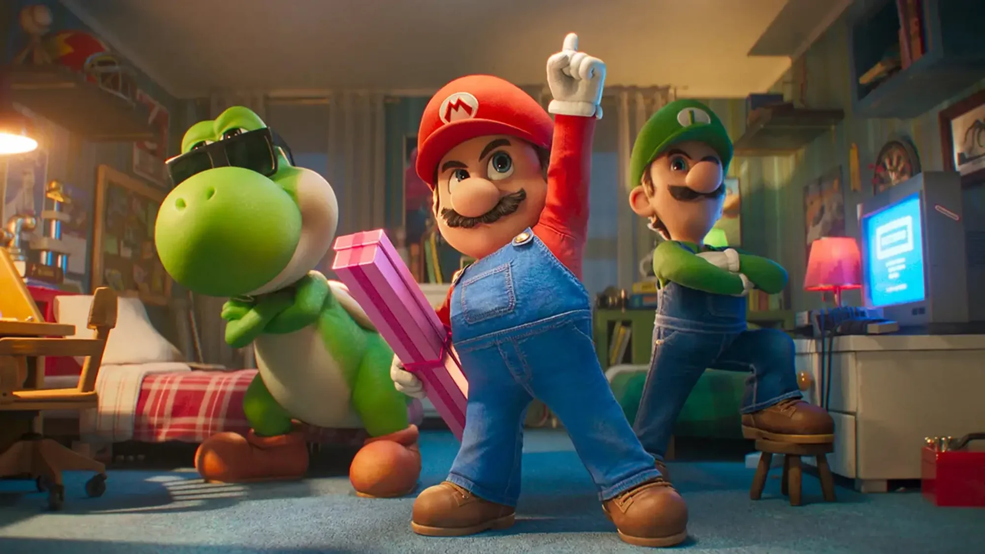 Yoshi, Luigi, and Mario in The Super Mario Galaxy Movie