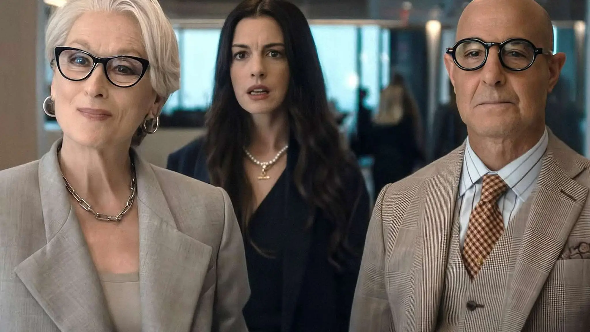 Meryl Streep, Anne Hathaway, and Stanley Tucci in The Devil Wears Prada 2.