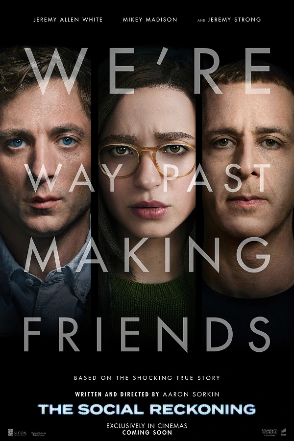 Jeremy Strong, Mikey Madison, and Jeremy Allen White in The Social Reckoning Poster